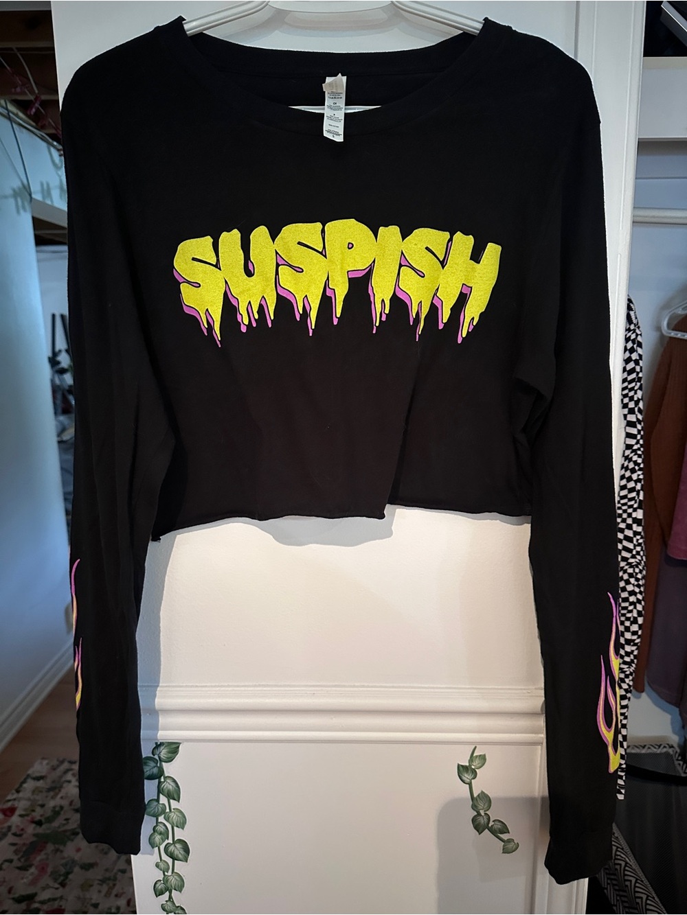 Black Cropped Long Sleeve Graphic Tee with Neon Drip Logo
